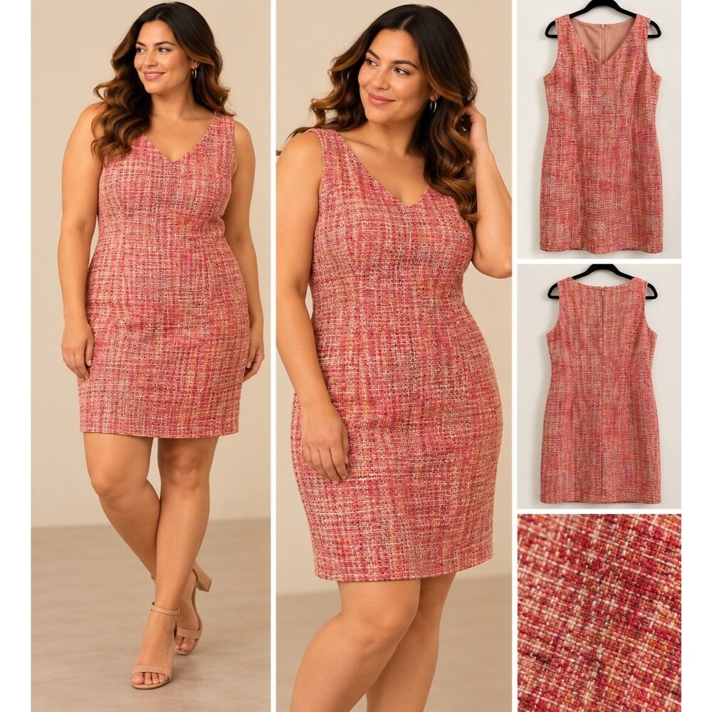 Talbots Pink/Peach Tweed Sleeveless Lined Sheath Dress V-neck zip 14P